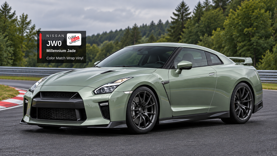 Illustrative GT-R-inspired coupe in Nissan JW0 Millennium Jade with Color Match Wrap branding