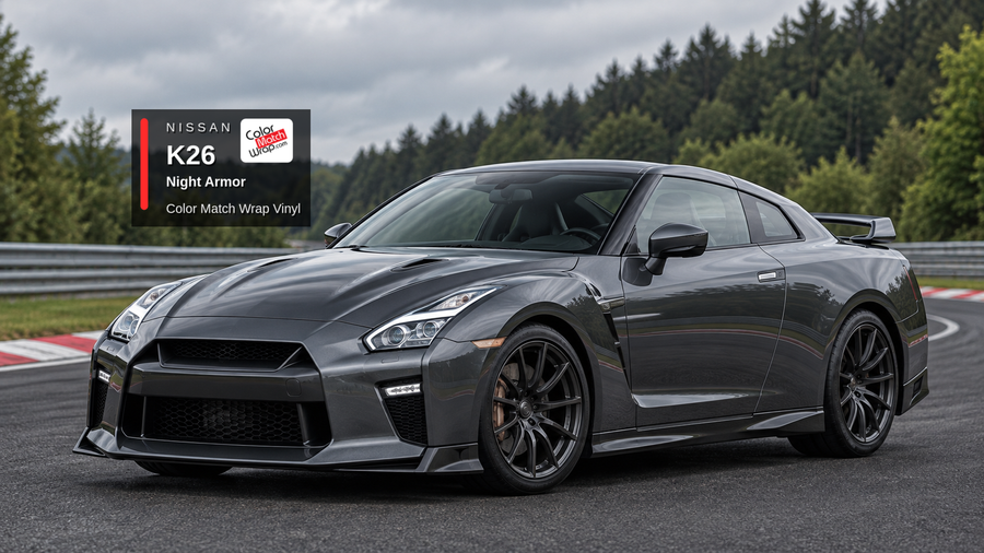 Illustrative GT-R-inspired coupe in Nissan K26 Night Armor with Color Match Wrap branding