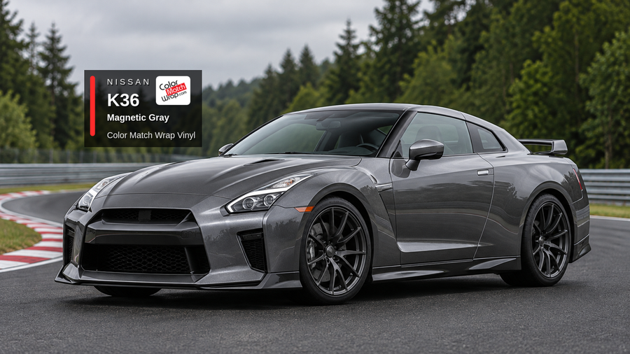 Illustrative GT-R-inspired coupe in Nissan K36 Magnetic Gray with Color Match Wrap branding