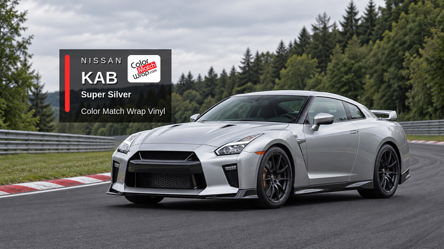 Illustrative GT-R-inspired coupe in Nissan KAB Super Silver with Color Match Wrap branding
