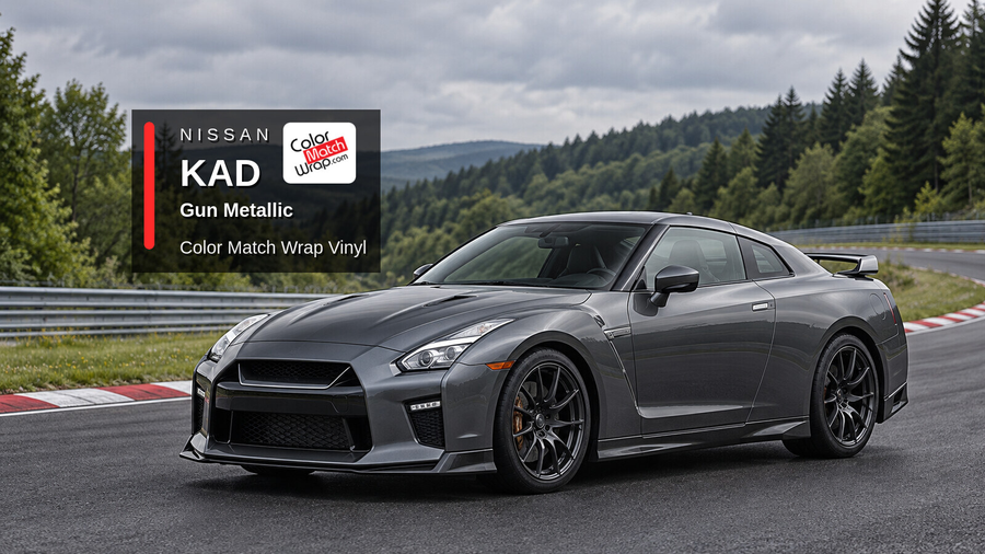 Illustrative GT-R-inspired coupe in Nissan KAD Gun Metallic with Color Match Wrap branding