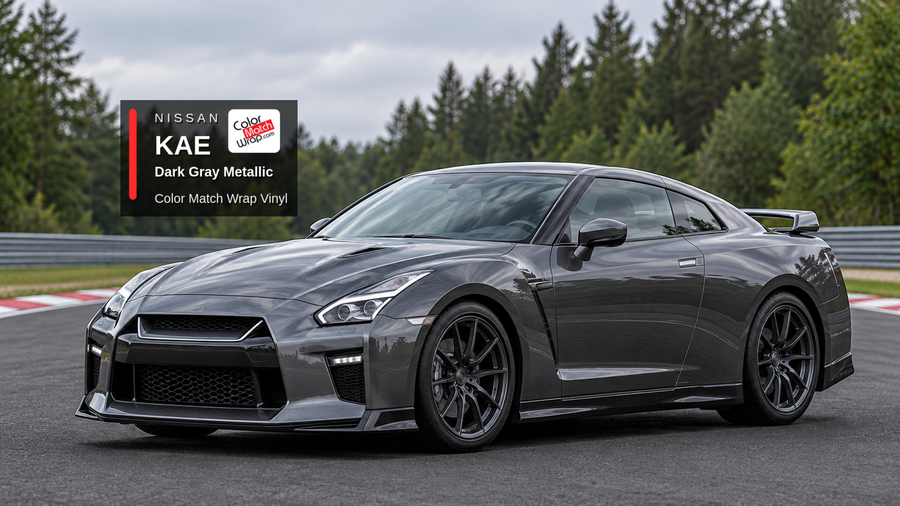 Illustrative unbadged coupe in Nissan KAE Dark Gray Metallic with Color Match Wrap branding