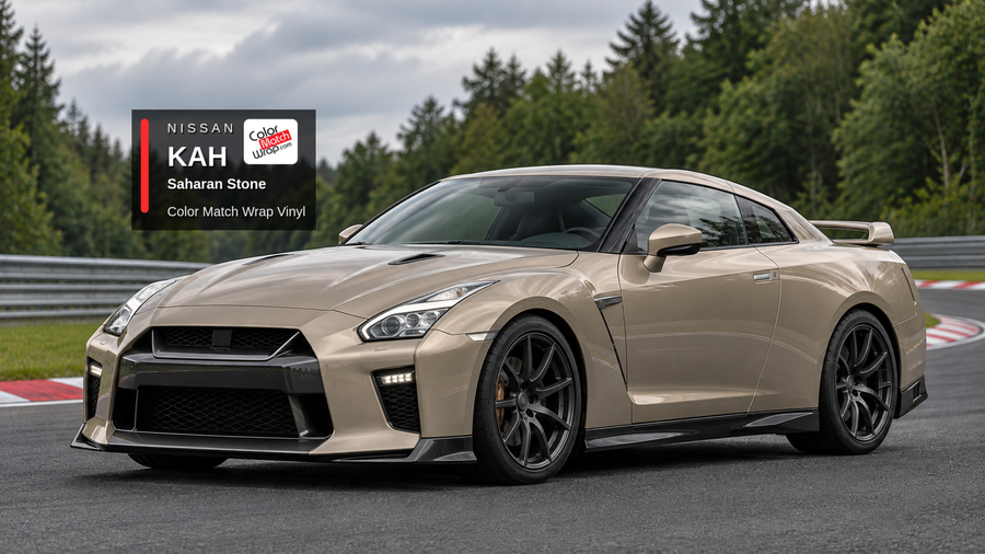 Illustrative GT-R-inspired coupe in Nissan KAH Saharan Stone with Color Match Wrap branding