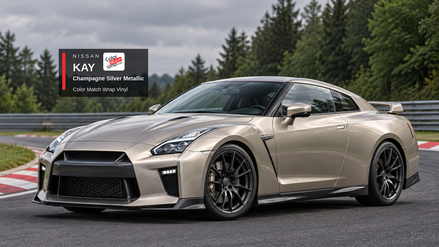 Illustrative GT-R-inspired coupe in Nissan KAY Champagne Silver Metallic with Color Match Wrap branding