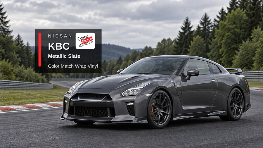 Illustrative GT-R-inspired coupe in Nissan KBC Metallic Slate with Color Match Wrap branding