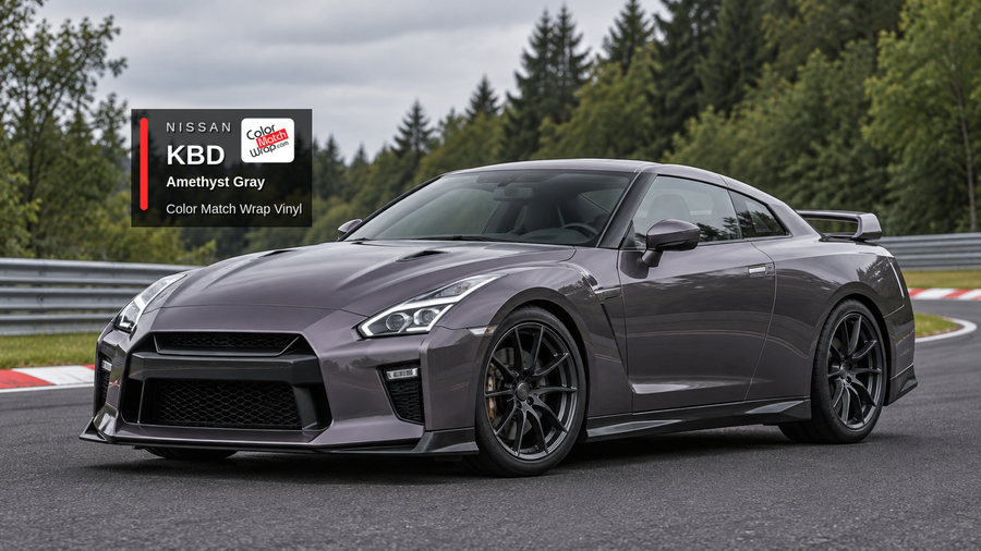 Illustrative GT-R-inspired coupe in Nissan KBD Amethyst Gray with Color Match Wrap branding