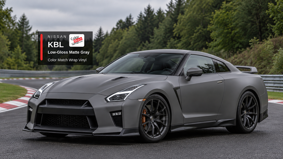 Illustrative GT-R-inspired coupe in Nissan KBL Low-Gloss Matte Gray with Color Match Wrap branding
