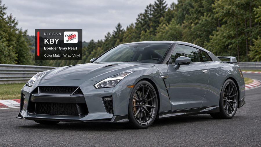 Illustrative GT-R-inspired coupe in Nissan KBY Boulder Gray Pearl with Color Match Wrap branding