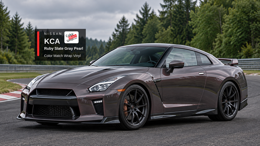 Illustrative GT-R-inspired coupe in Nissan KCA Ruby Slate Gray Pearl with Color Match Wrap branding