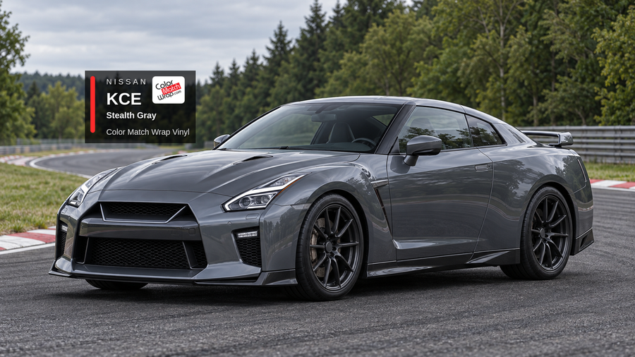 Illustrative GT-R-inspired coupe in Nissan KCE Stealth Gray with Color Match Wrap branding