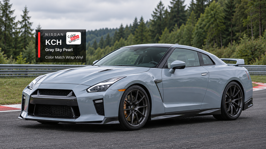 Illustrative GT-R-inspired coupe in Nissan KCH Gray Sky Pearl with Color Match Wrap branding