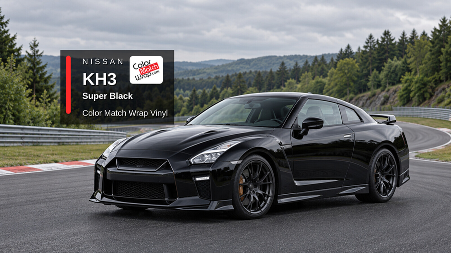 Illustrative GT-R-inspired coupe in Nissan KH3 Super Black with Color Match Wrap branding