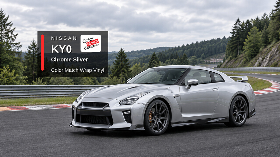 Illustrative GT-R-inspired coupe in Nissan KY0 Chrome Silver with Color Match Wrap branding
