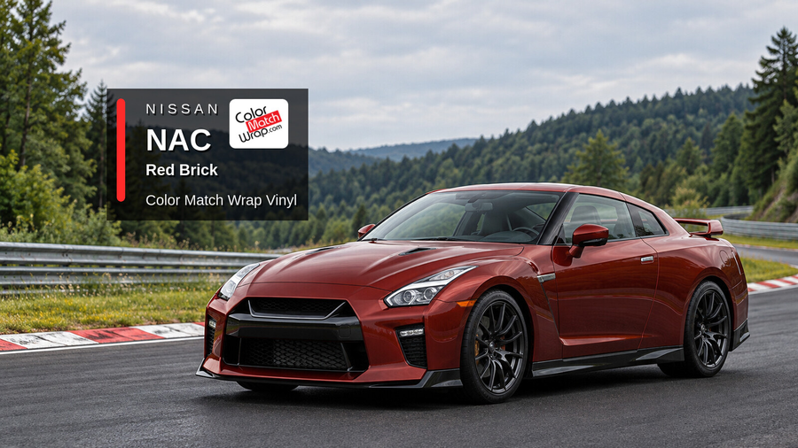 Illustrative GT-R-inspired coupe in Nissan NAC Red Brick with Color Match Wrap branding