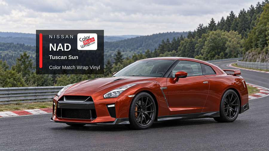 Illustrative GT-R-inspired coupe in Nissan NAD Tuscan Sun with Color Match Wrap branding