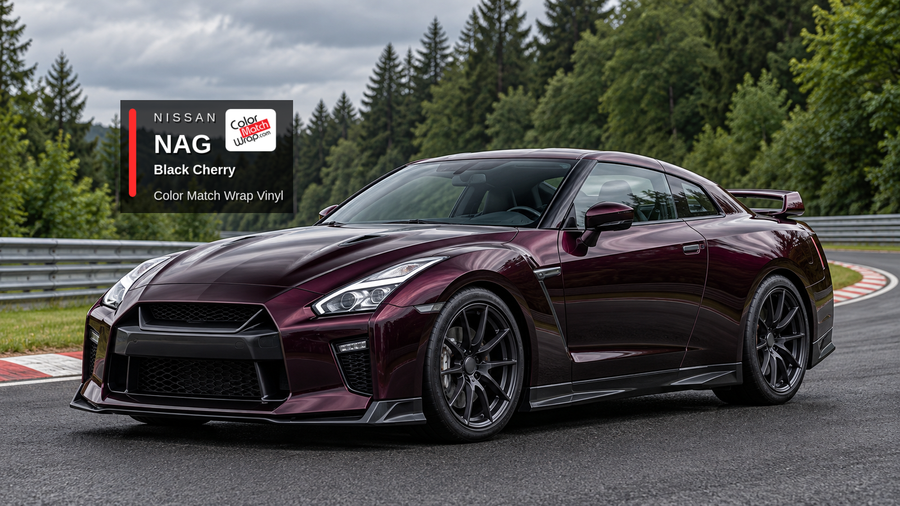 Illustrative GT-R-inspired coupe in Nissan NAG Black Cherry with Color Match Wrap branding