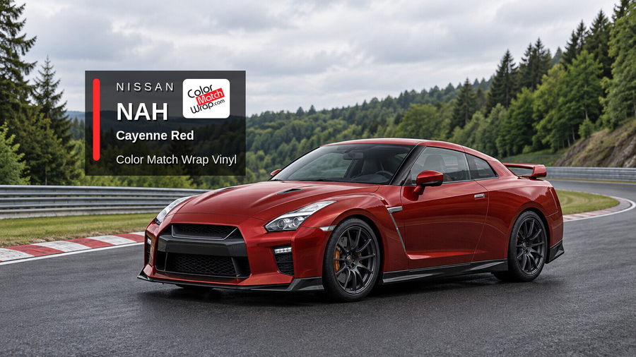 Illustrative GT-R-inspired coupe in Nissan NAH Cayenne Red with Color Match Wrap branding