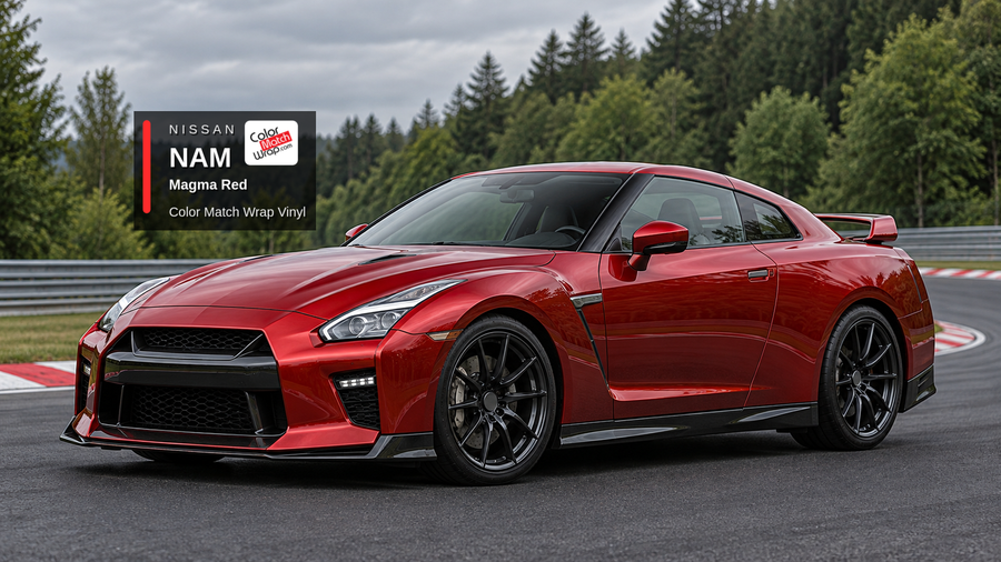 Illustrative GT-R-inspired coupe in Nissan NAM Magma Red with Color Match Wrap branding