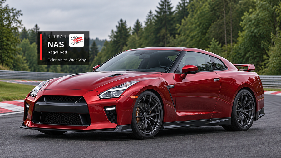 Illustrative GT-R-inspired coupe in Nissan NAS Regal Red with Color Match Wrap branding
