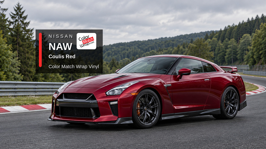 Illustrative GT-R-inspired coupe in Nissan NAW Coulis Red with Color Match Wrap branding