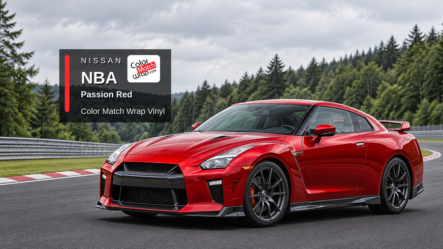 Illustrative GT-R-inspired coupe in Nissan NBA Passion Red with Color Match Wrap branding