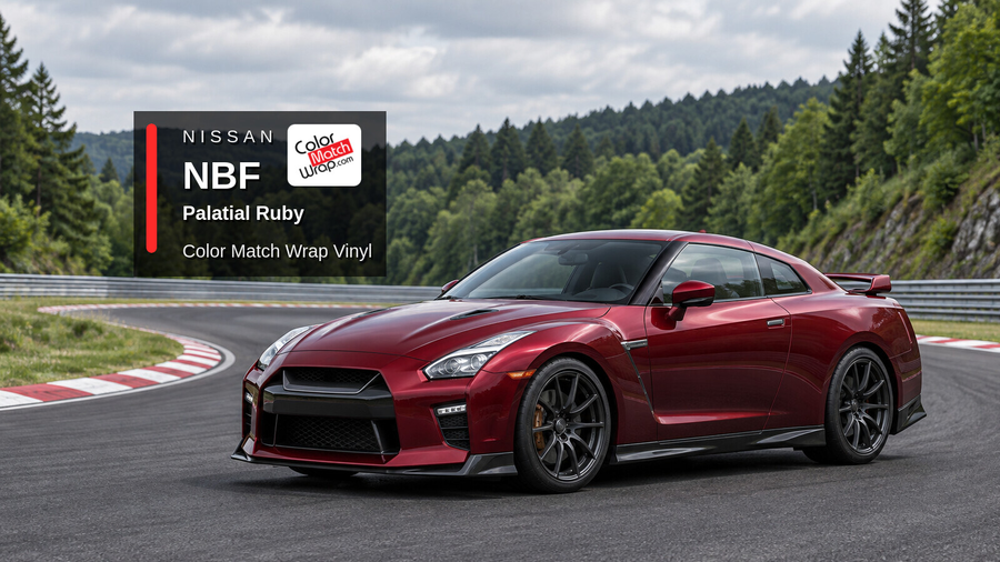 Illustrative GT-R-inspired coupe in Nissan NBF Palatial Ruby with Color Match Wrap branding