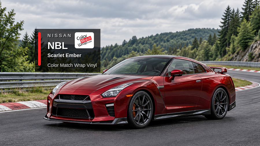 Illustrative GT-R-inspired coupe in Nissan NBL Scarlet Ember with Color Match Wrap branding