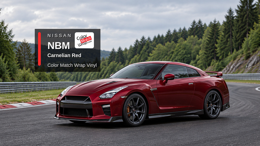 Illustrative GT-R-inspired coupe in Nissan NBM Carnelian Red with Color Match Wrap branding
