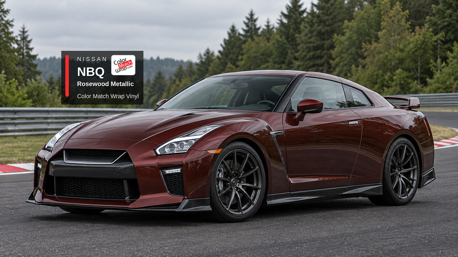 Illustrative GT-R-inspired coupe in Nissan NBQ Rosewood Metallic with Color Match Wrap branding