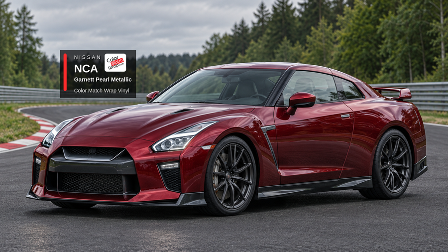 Illustrative GT-R-inspired coupe in Nissan NCA Garnett Pearl Metallic with Color Match Wrap branding
