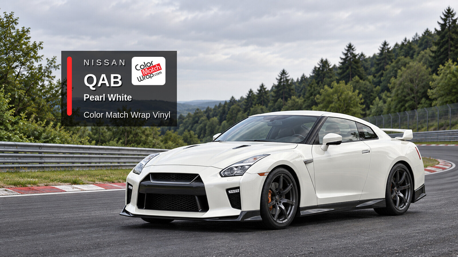 Illustrative GT-R-inspired coupe in Nissan QAB Pearl White with Color Match Wrap branding