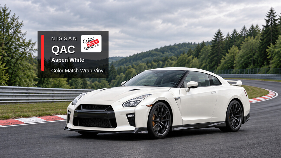 Illustrative GT-R-inspired coupe in Nissan QAC Aspen White with Color Match Wrap branding