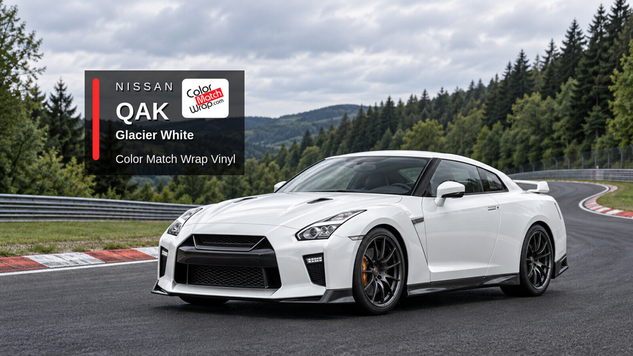 Illustrative GT-R-inspired coupe in Nissan QAK Glacier White with Color Match Wrap branding