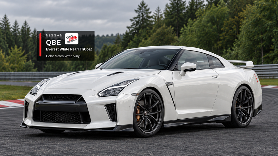 Illustrative GT-R-inspired coupe in Nissan QBE Everest White Pearl TriCoat with Color Match Wrap branding