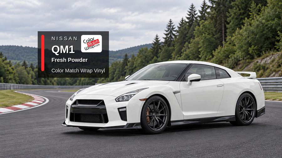 Illustrative GT-R-inspired coupe in Nissan QM1 Fresh Powder with Color Match Wrap branding