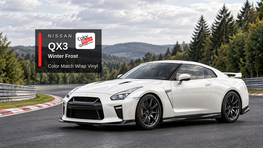 Illustrative GT-R-inspired coupe in Nissan QX3 Winter Frost with Color Match Wrap branding