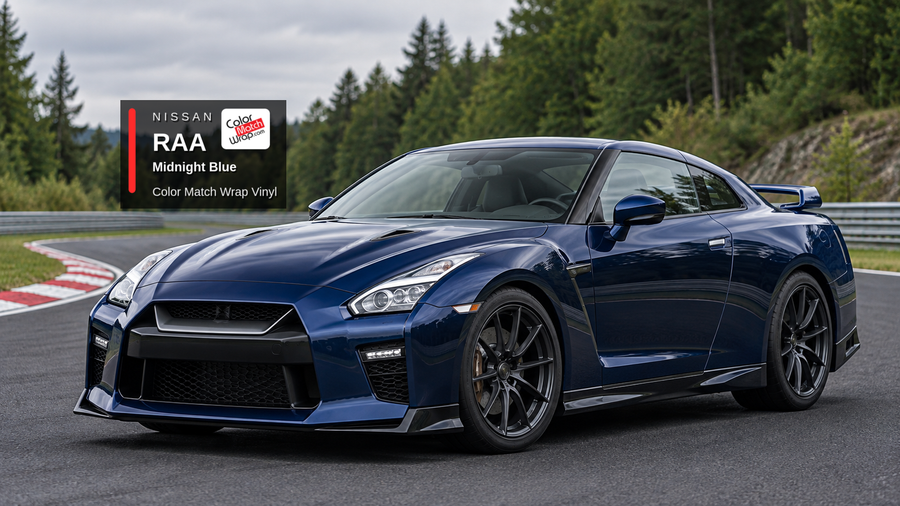 Illustrative GT-R-inspired coupe in Nissan RAA Midnight Blue with Color Match Wrap branding