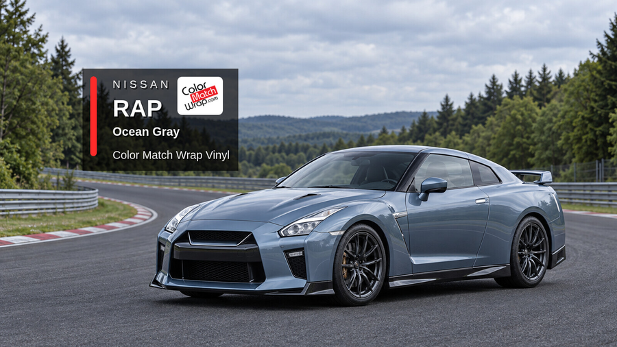 Illustrative GT-R-inspired coupe in Nissan RAP Ocean Gray with Color Match Wrap branding