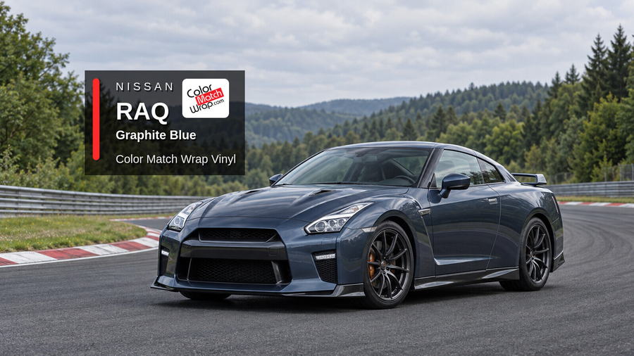Illustrative GT-R-inspired coupe in Nissan RAQ Graphite Blue with Color Match Wrap branding