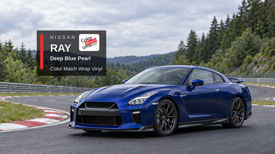 Illustrative GT-R-inspired coupe in Nissan RAY Deep Blue Pearl with Color Match Wrap branding