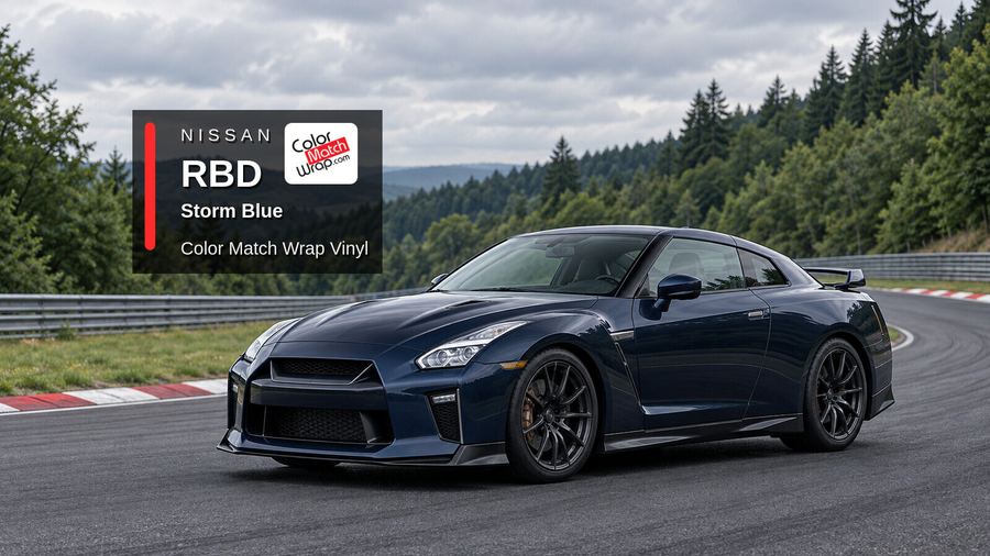 Illustrative GT-R-inspired coupe in Nissan RBD Storm Blue with Color Match Wrap branding