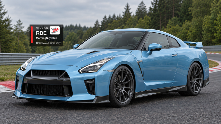 Illustrative GT-R-inspired coupe in Nissan RBE MorningSky Blue with Color Match Wrap branding