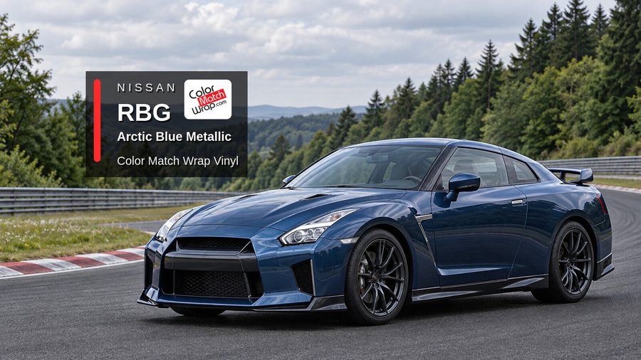 Illustrative GT-R-inspired coupe in Nissan RBG Arctic Blue Metallic with Color Match Wrap branding