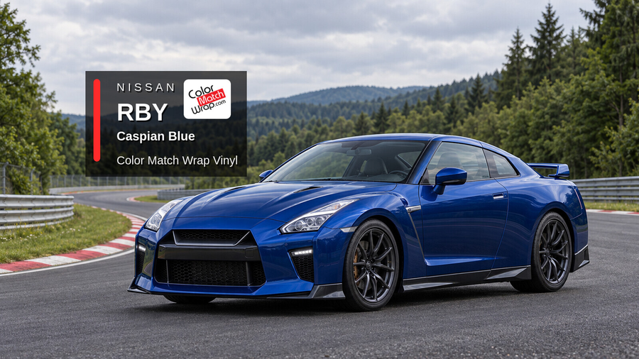 Illustrative GT-R-inspired coupe in Nissan RBY Caspian Blue with Color Match Wrap branding