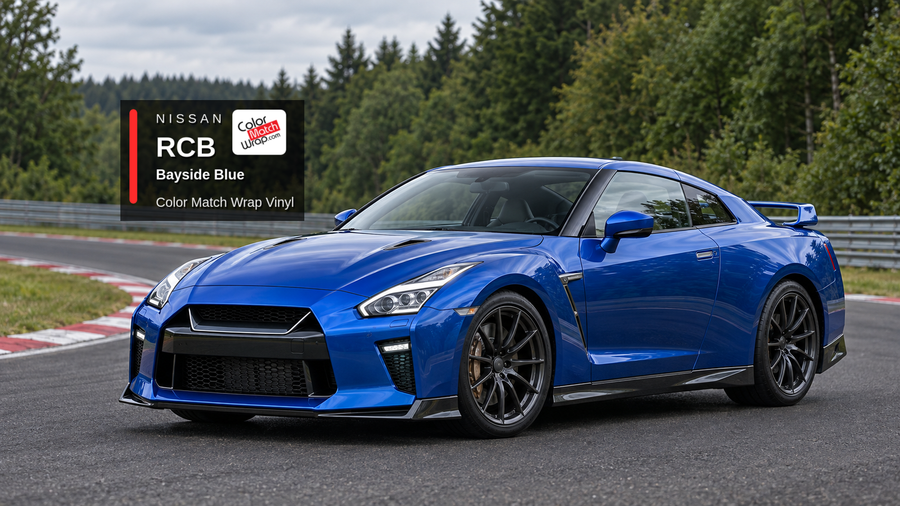 Illustrative GT-R-inspired coupe in Nissan RCB Bayside Blue with Color Match Wrap branding
