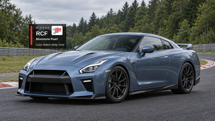 Illustrative GT-R-inspired coupe in Nissan RCF Bluestone Pearl with Color Match Wrap branding