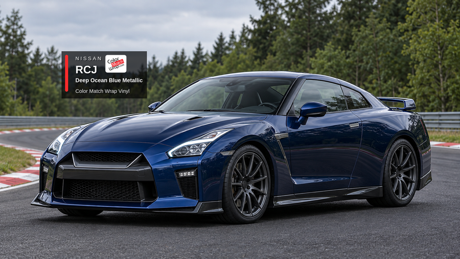 Illustrative GT-R-inspired coupe in Nissan RCJ Deep Ocean Blue Metallic with Color Match Wrap branding