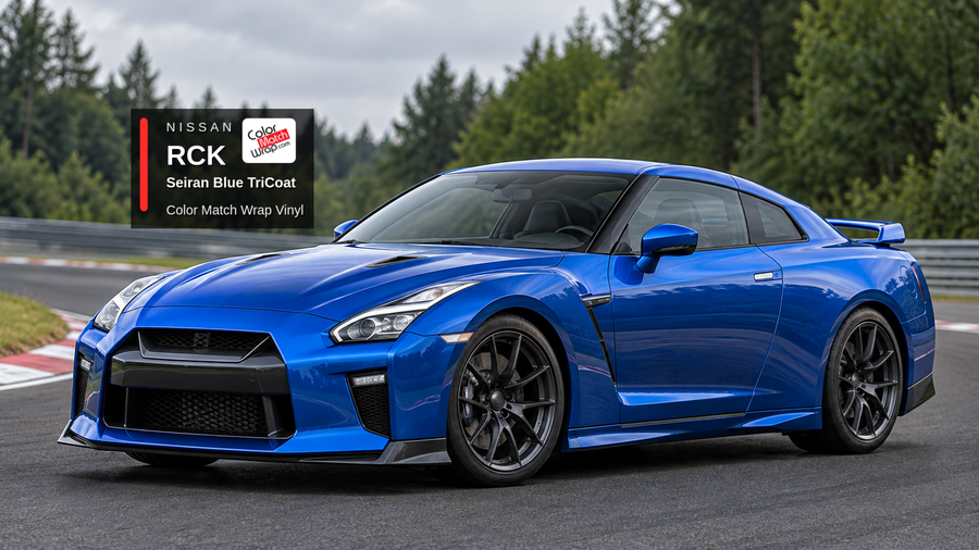 Illustrative GT-R-inspired coupe in Nissan RCK Seiran Blue TriCoat with Color Match Wrap branding