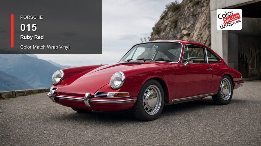 Generated Porsche 911 F-model presentation in Porsche 015 Ruby Red for paint-code vinyl repair and restoration
