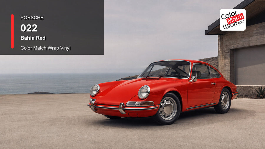 Generated Porsche 911 F-model presentation in Porsche 022 Bahia Red for paint-code vinyl repair and restoration